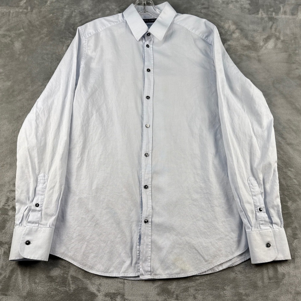 Dolce & Gabbana Button-Down Mens 41 Gold Light Blue Micro Stripe EUC
